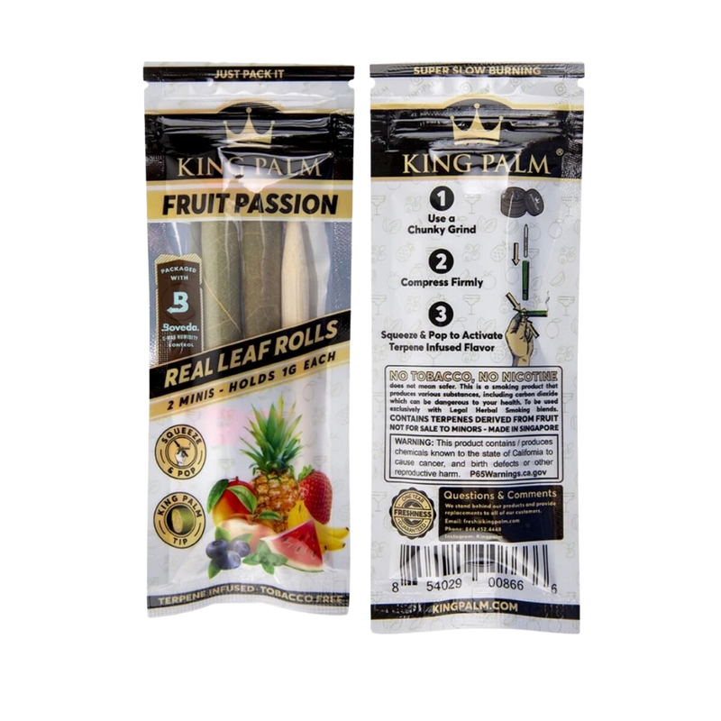 Full Box King Palm Super Slow Burning Wraps Pack with 2 Mini Rolls - Fruit Passion Flavour - Holds 1g each