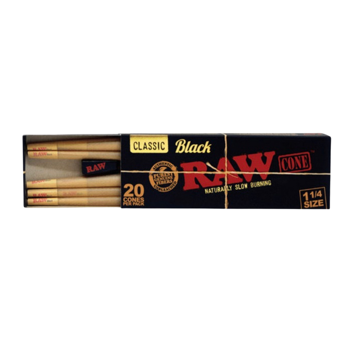 Raw Classic Black Pre-rolled Cones 20 Cones Per Pack 1 1/4