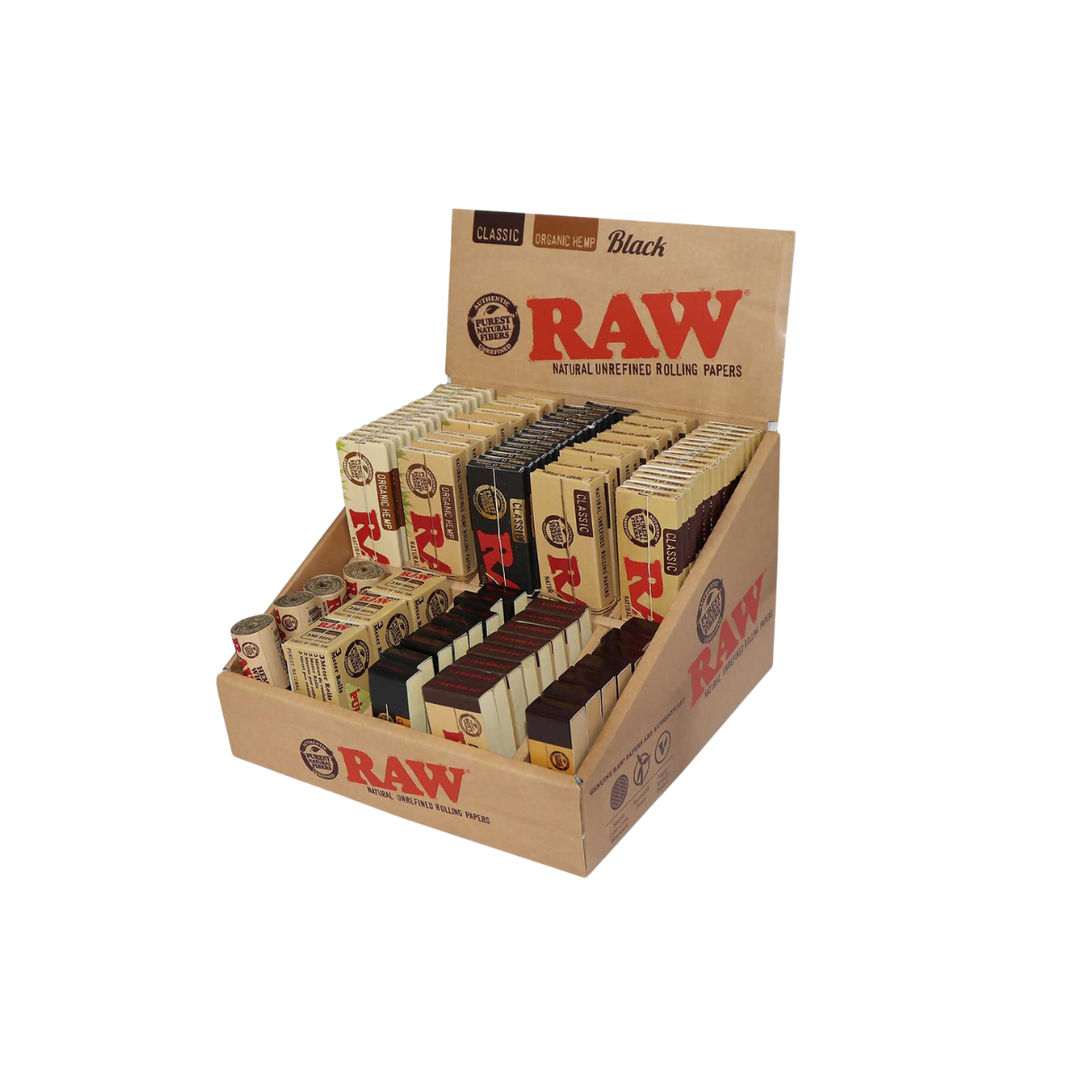 Raw Counter Top Display with Assorted Rolling Papers, Tips and Accessories