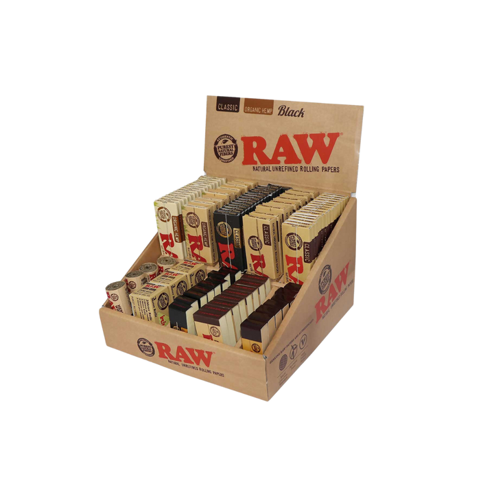 Raw Counter Top Display with Assorted Rolling Papers, Tips and Accessories
