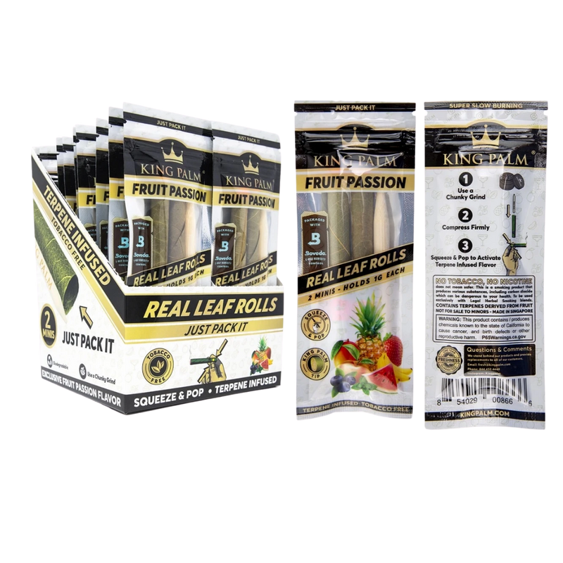 Full Box King Palm Super Slow Burning Wraps Pack with 2 Mini Rolls - Fruit Passion Flavour - Holds 1g each - The Green Box