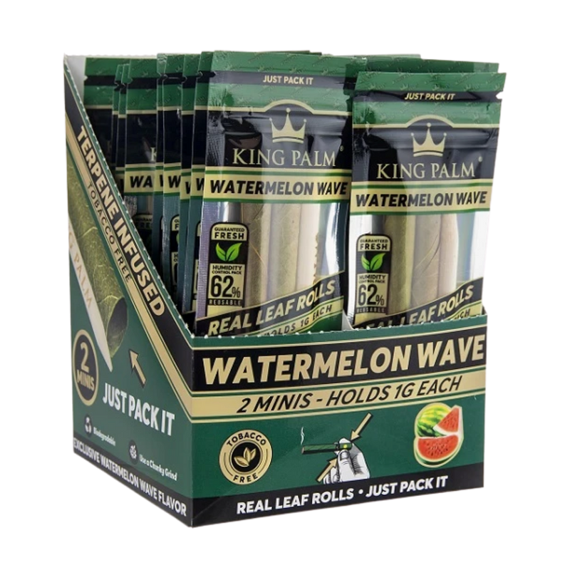 Full Box King Palm Super Slow Burning Wraps Pack with 2 Mini Rolls - Watermelon Wave Flavour - Holds 1g each - The Green Box